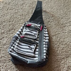 Thirty One Grey/White Striped Sling Backpack with Pink Accents
